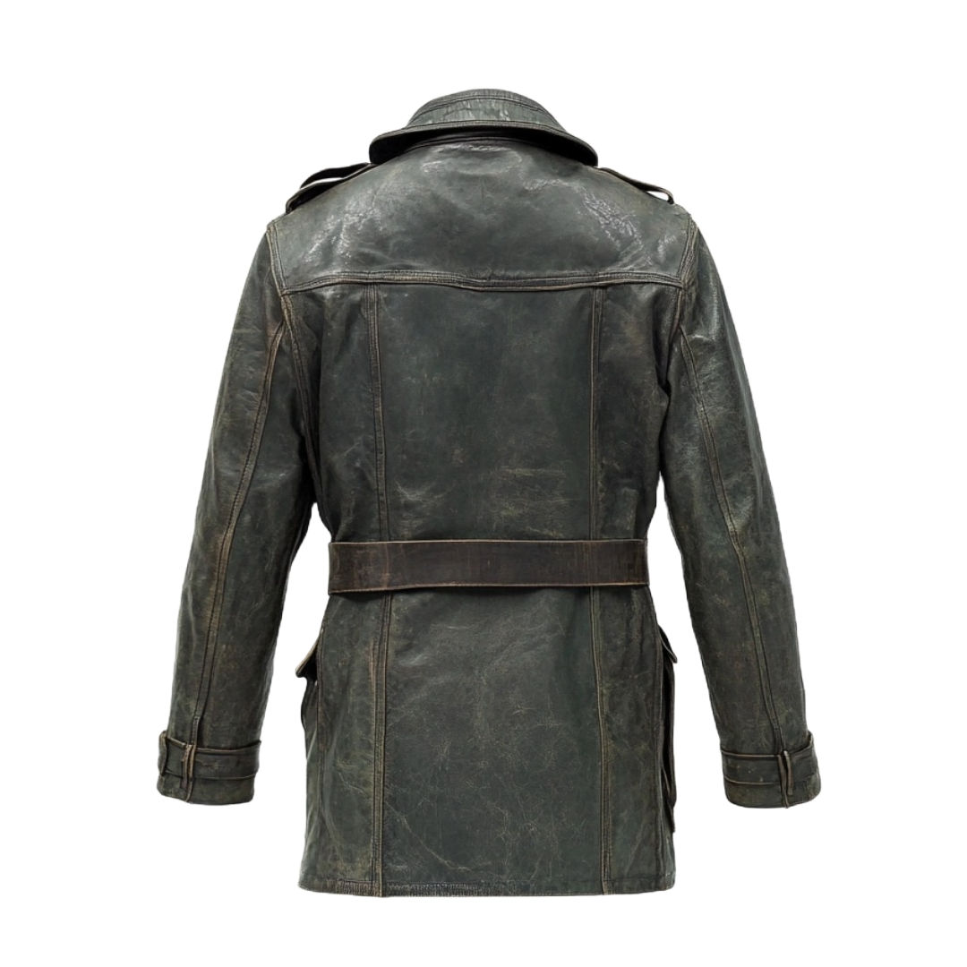 Men's Vintage Green Leather Field Jacket with Belted Waist