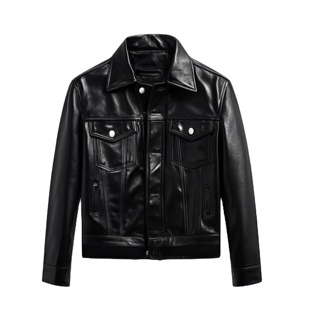 Men's Black Leather Trucker Jacket