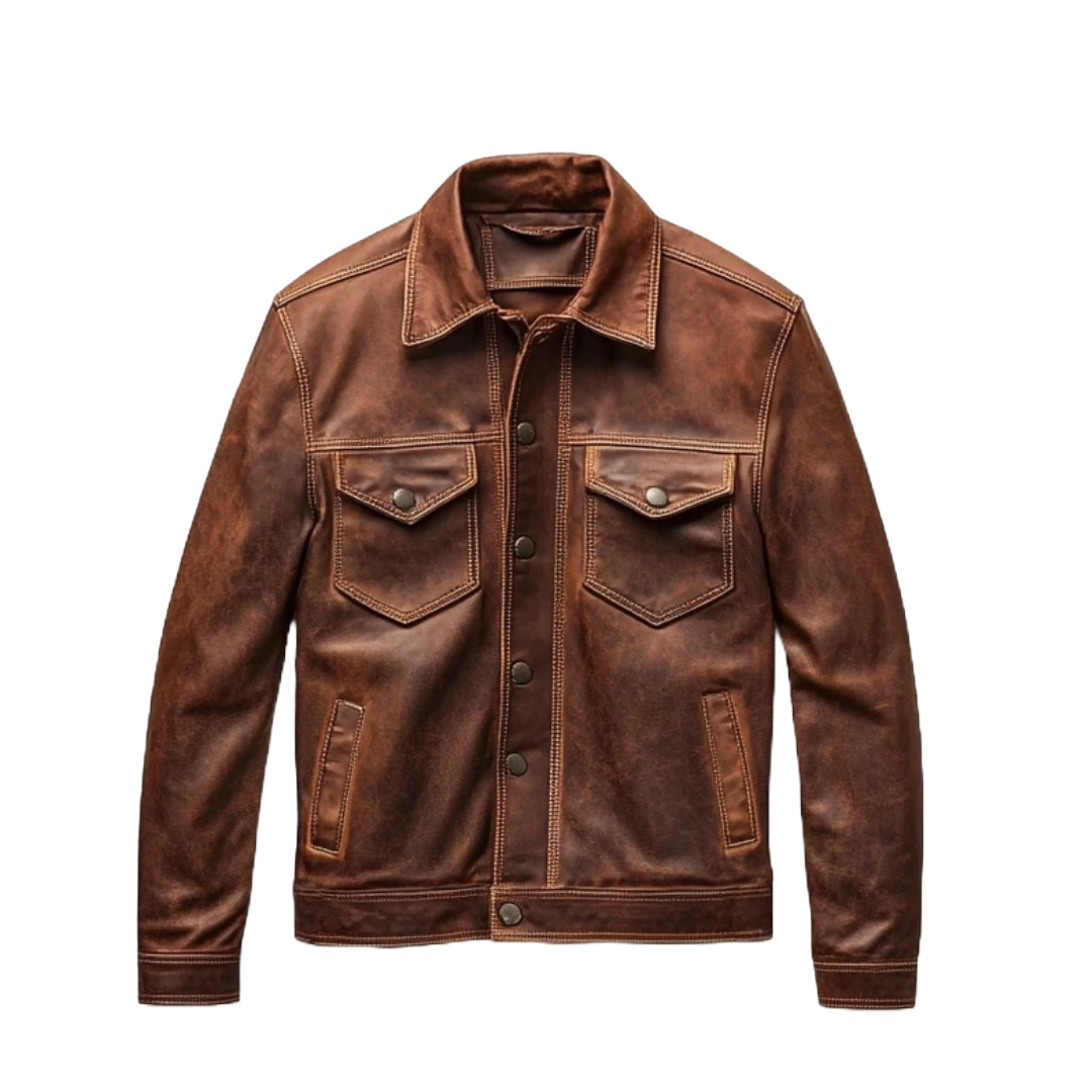 Men’s Vintage Brown Leather Trucker Jacket