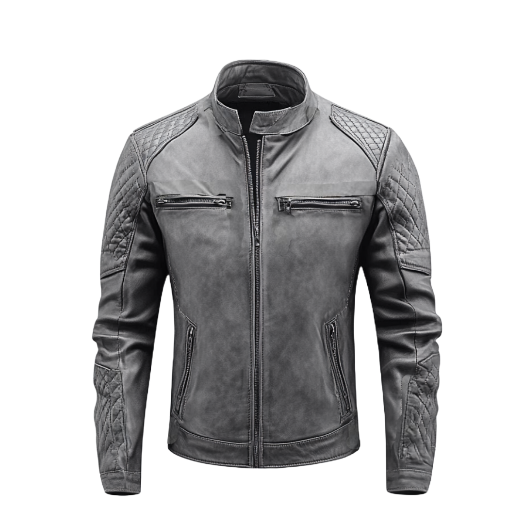 Vintage Gray Leather Biker Jacket for Men