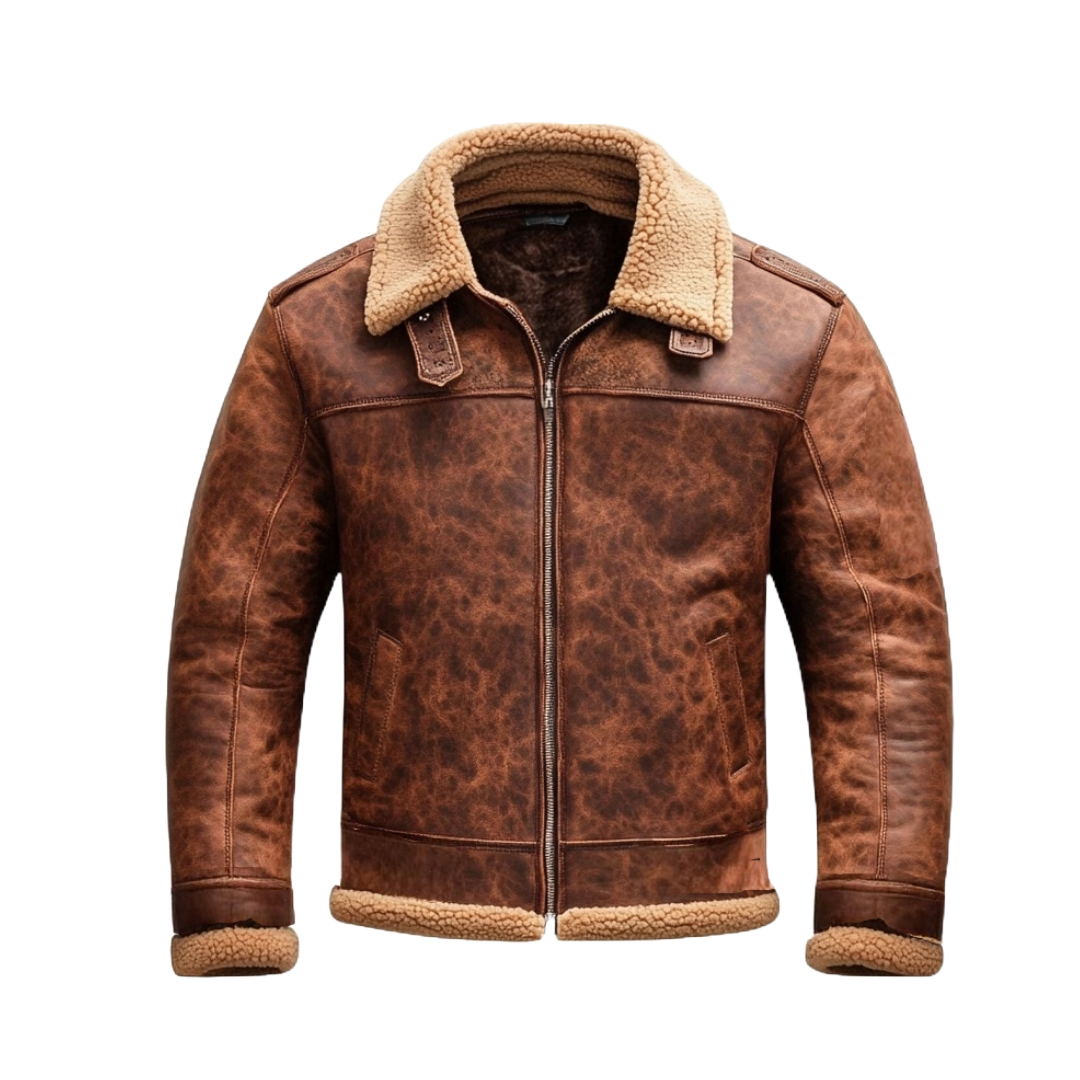 Vintage Brown Shearling Collar Leather Jacket for Men