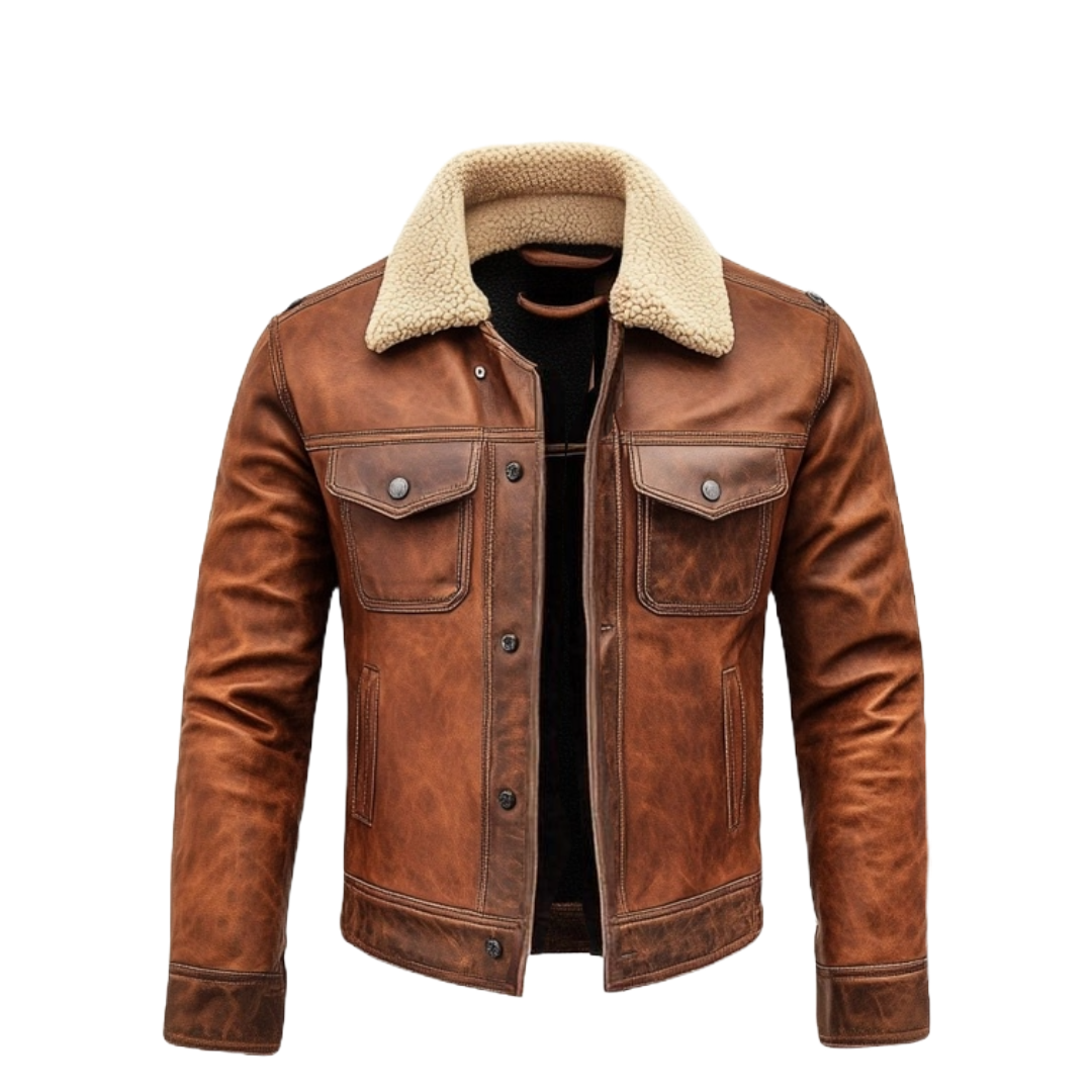 Men’s Vintage Brown Leather Jacket with Shearling Collar