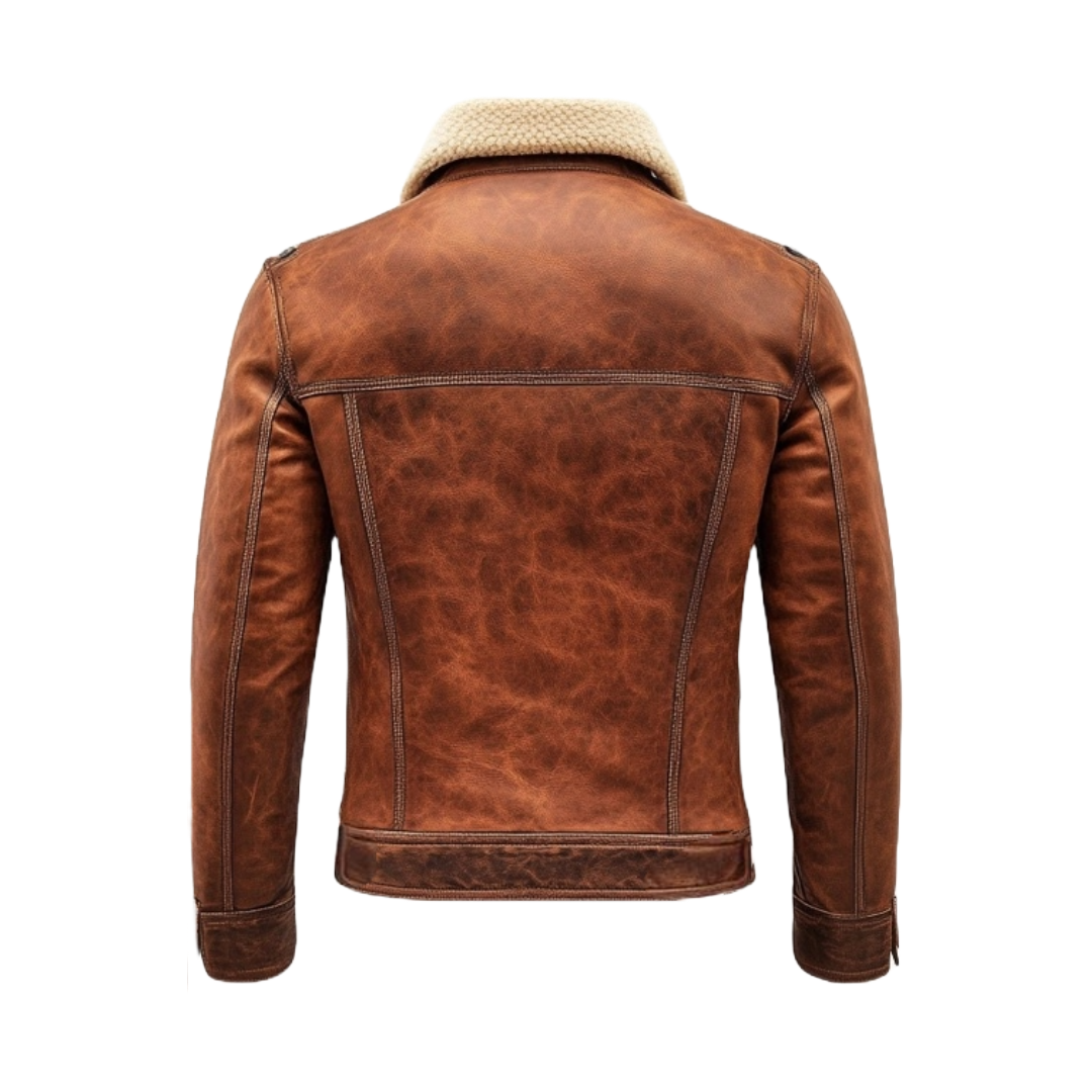 Men’s Vintage Brown Leather Jacket with Shearling Collar