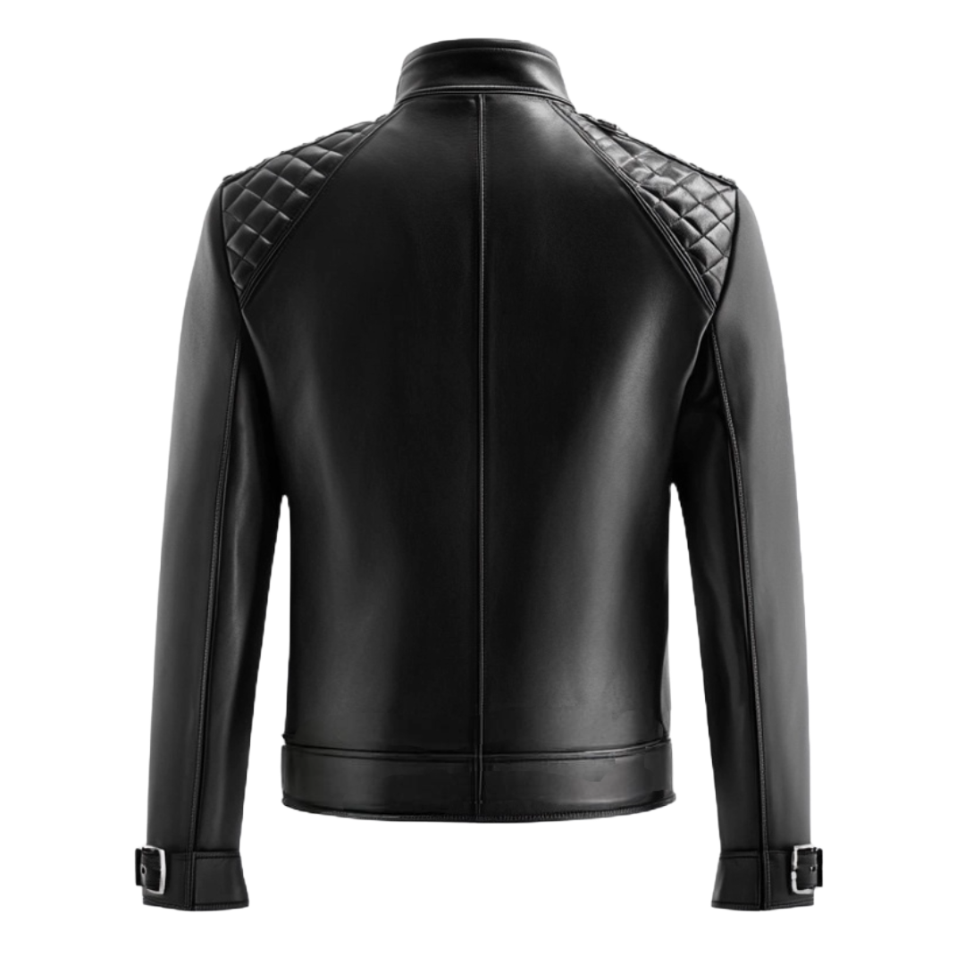 Men's Black Quilted Shoulder Moto Leather Jacket