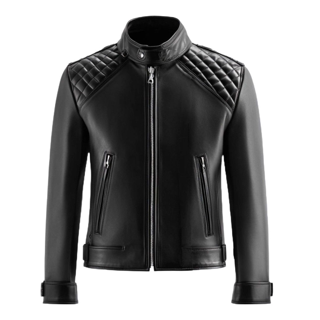 Men's Black Quilted Shoulder Moto Leather Jacket