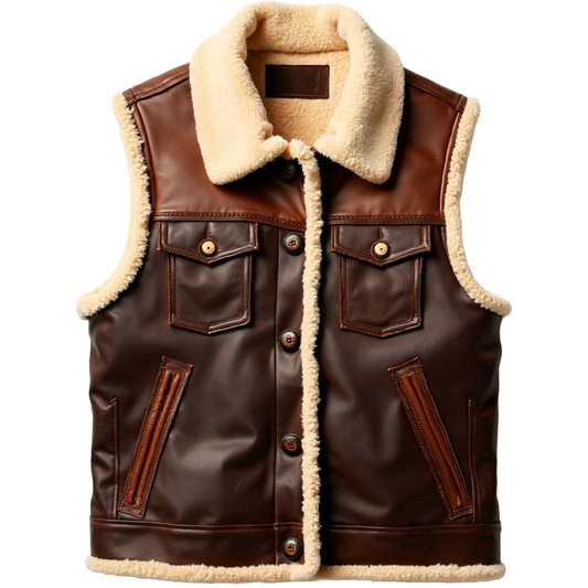 Men's Brown Leather Vest with Shearling Trim