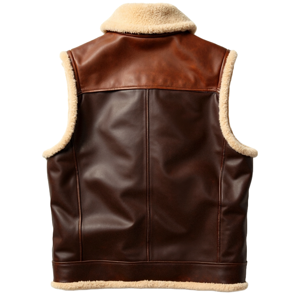 Men's Brown Leather Vest with Shearling Trim