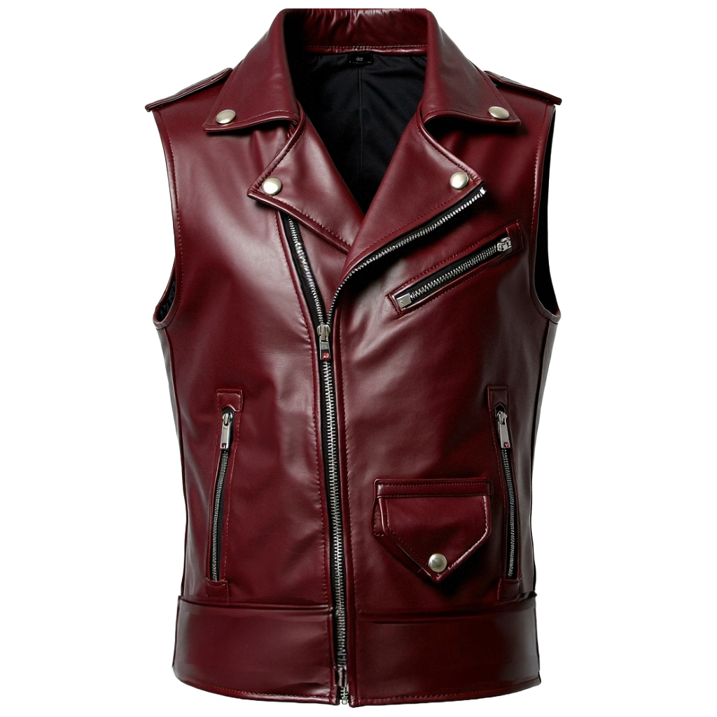 Men's Burgundy Leather Biker Vest