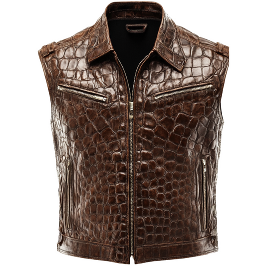 Luxury Crocodile-Embossed Brown Leather Vest for Men