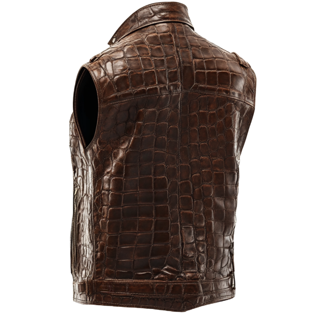 Luxury Crocodile-Embossed Brown Leather Vest for Men