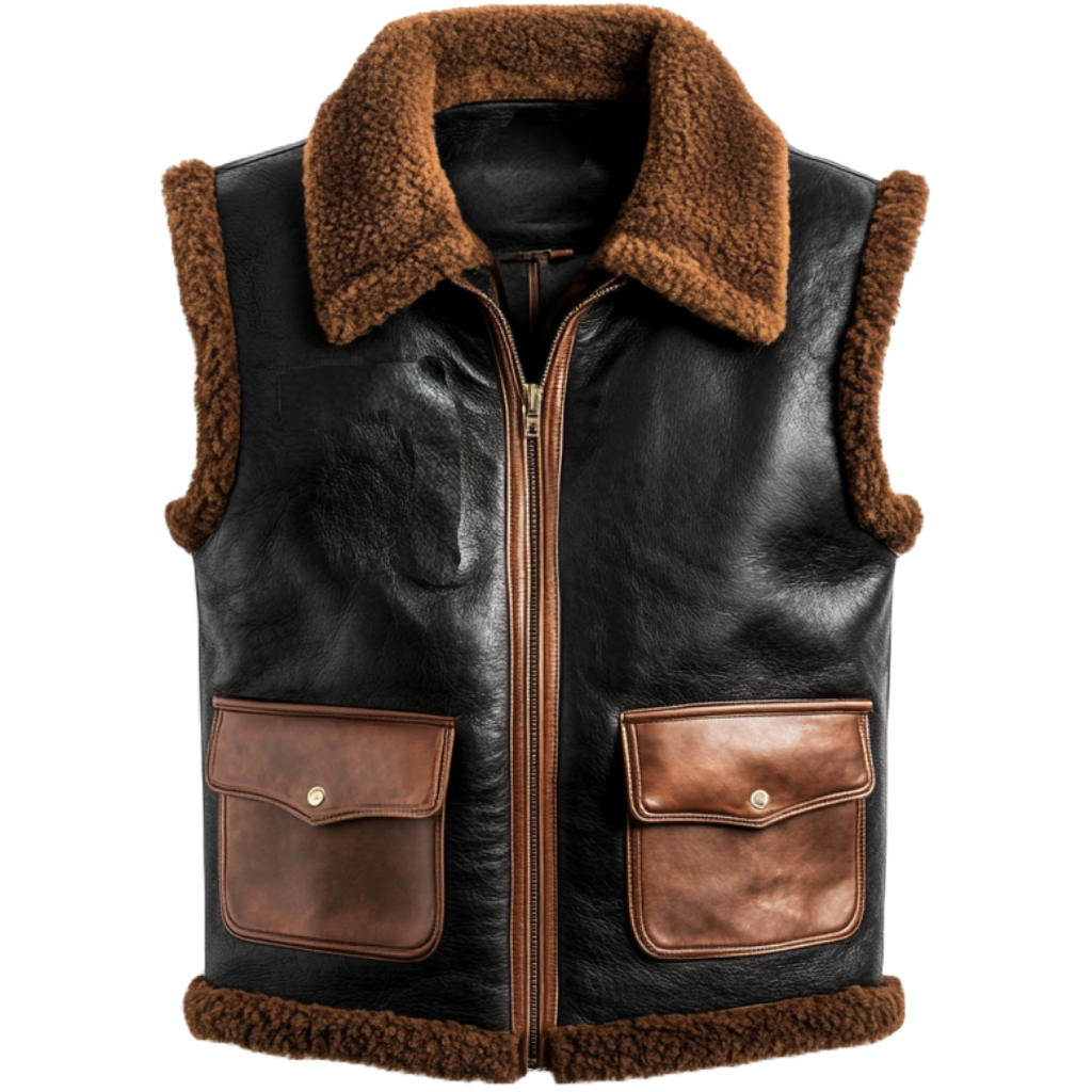 Men's Black Shearling-Lined Leather Vest with Dual Front Pockets