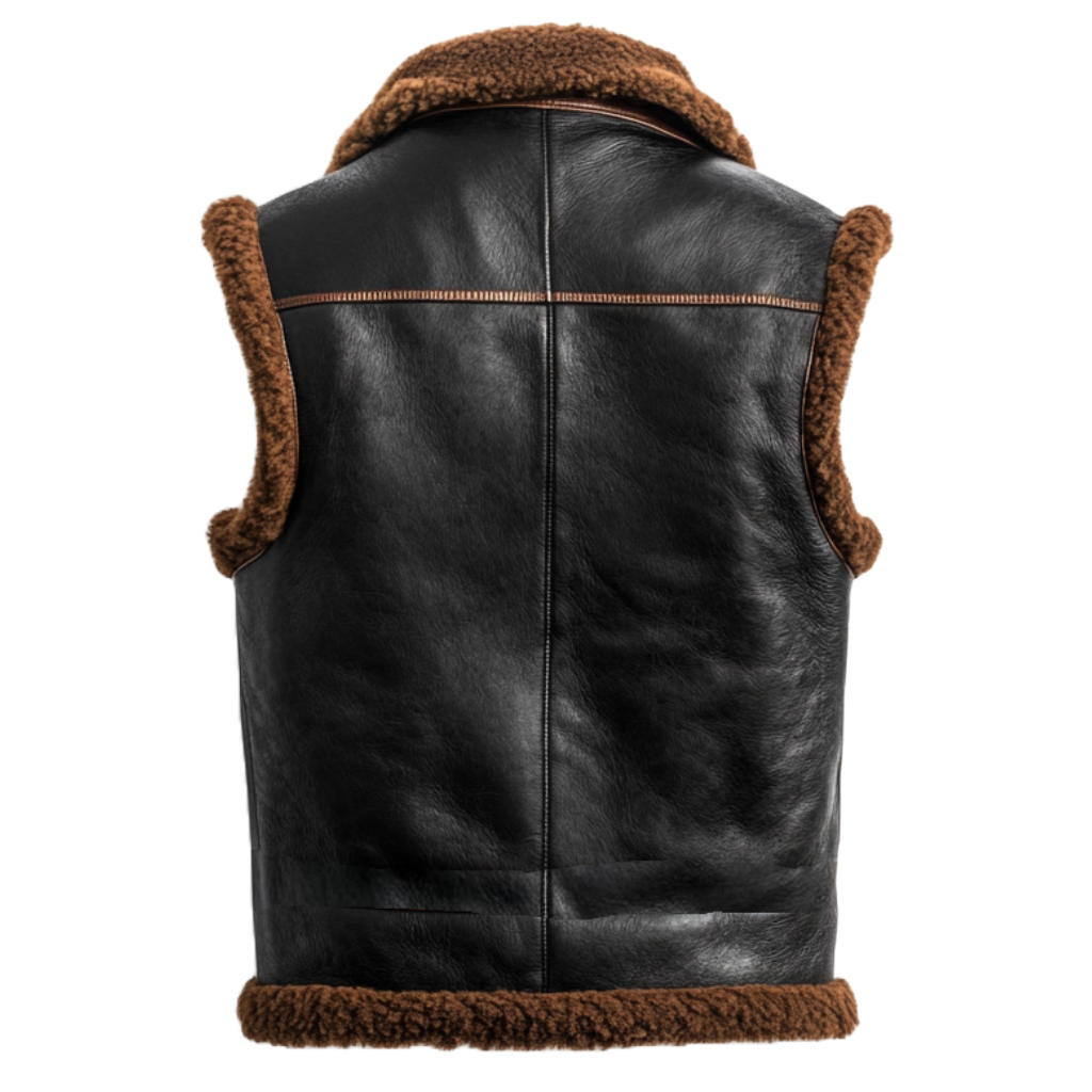 Men's Black Shearling-Lined Leather Vest with Dual Front Pockets