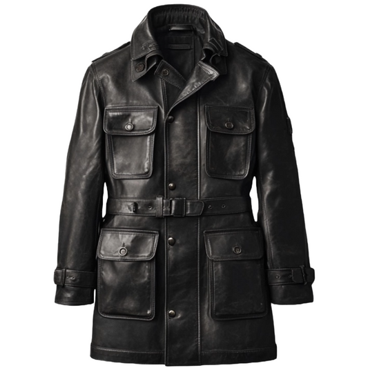 Men's Black Leather Utility Coat with Belted Waist