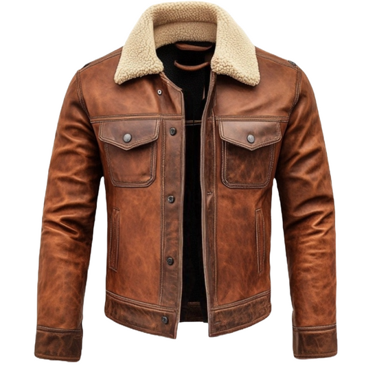 Men’s Vintage Brown Leather Jacket with Shearling Collar