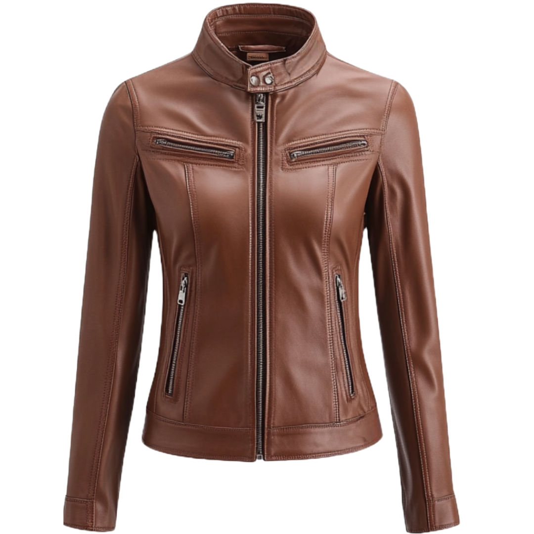 Elegant Brown Women's Real Leather Jacket with Stand Collar