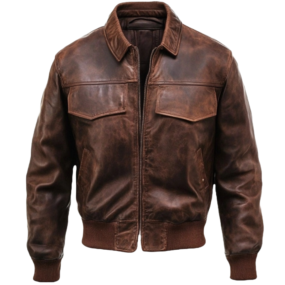 Men's Classic Brown Distressed Leather Bomber Jacket