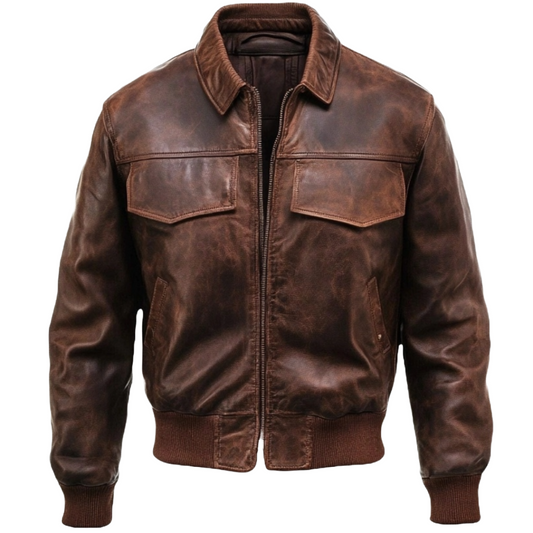 Men's Classic Brown Distressed Leather Bomber Jacket