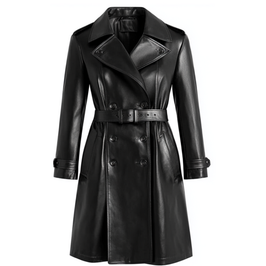 Sleek Black Women's Leather Trench Coat