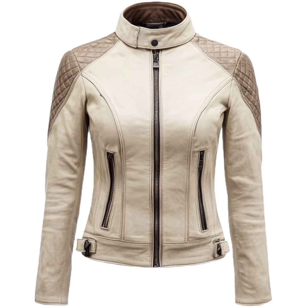 Women's Real Leather Quilted Shoulder Beige Biker Jacket