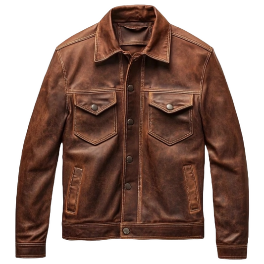 Men’s Vintage Brown Leather Trucker Jacket