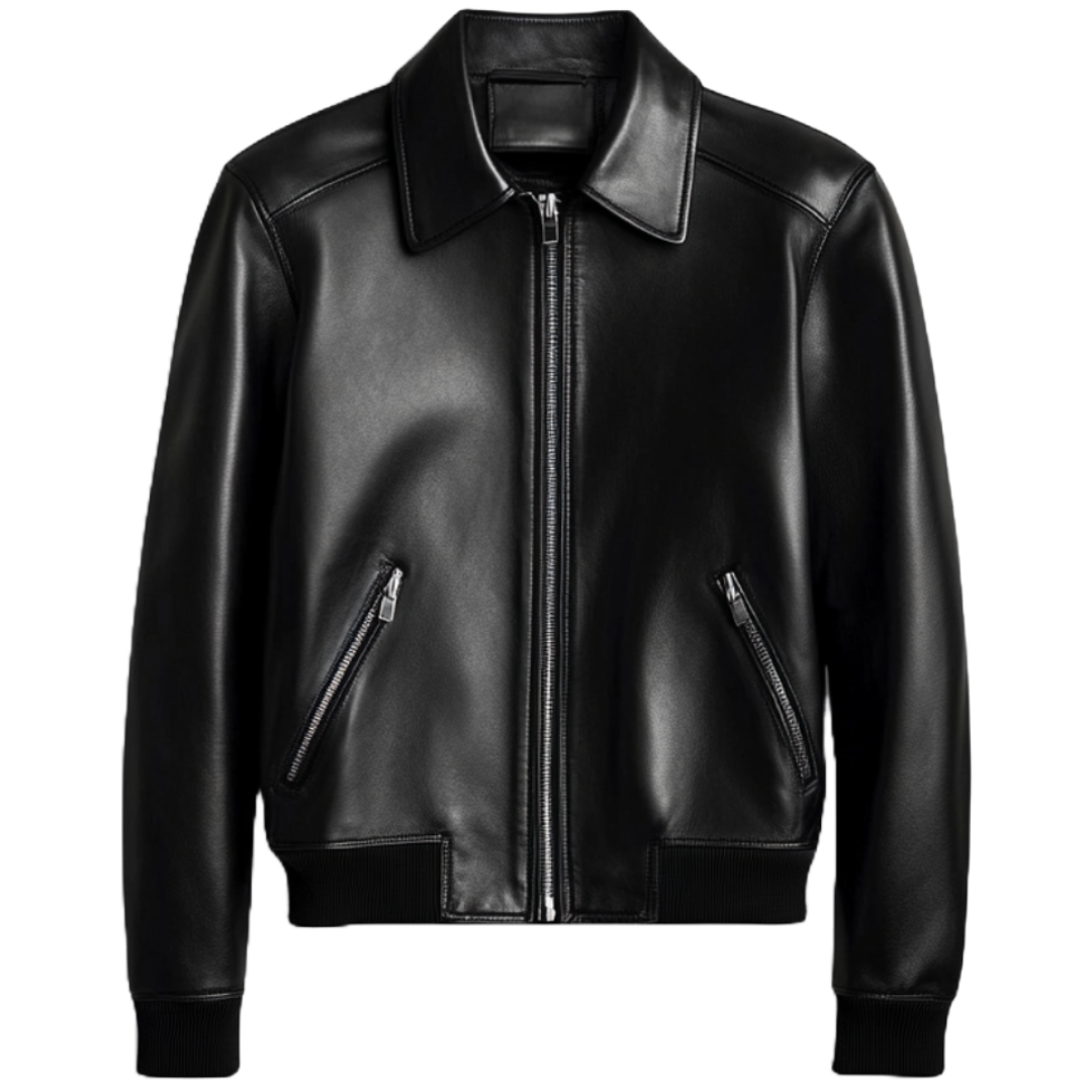 Women's Classic Black Real Leather Bomber Jacket