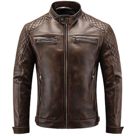 Men's Distressed Brown Leather Jacket with Quilted Shoulders