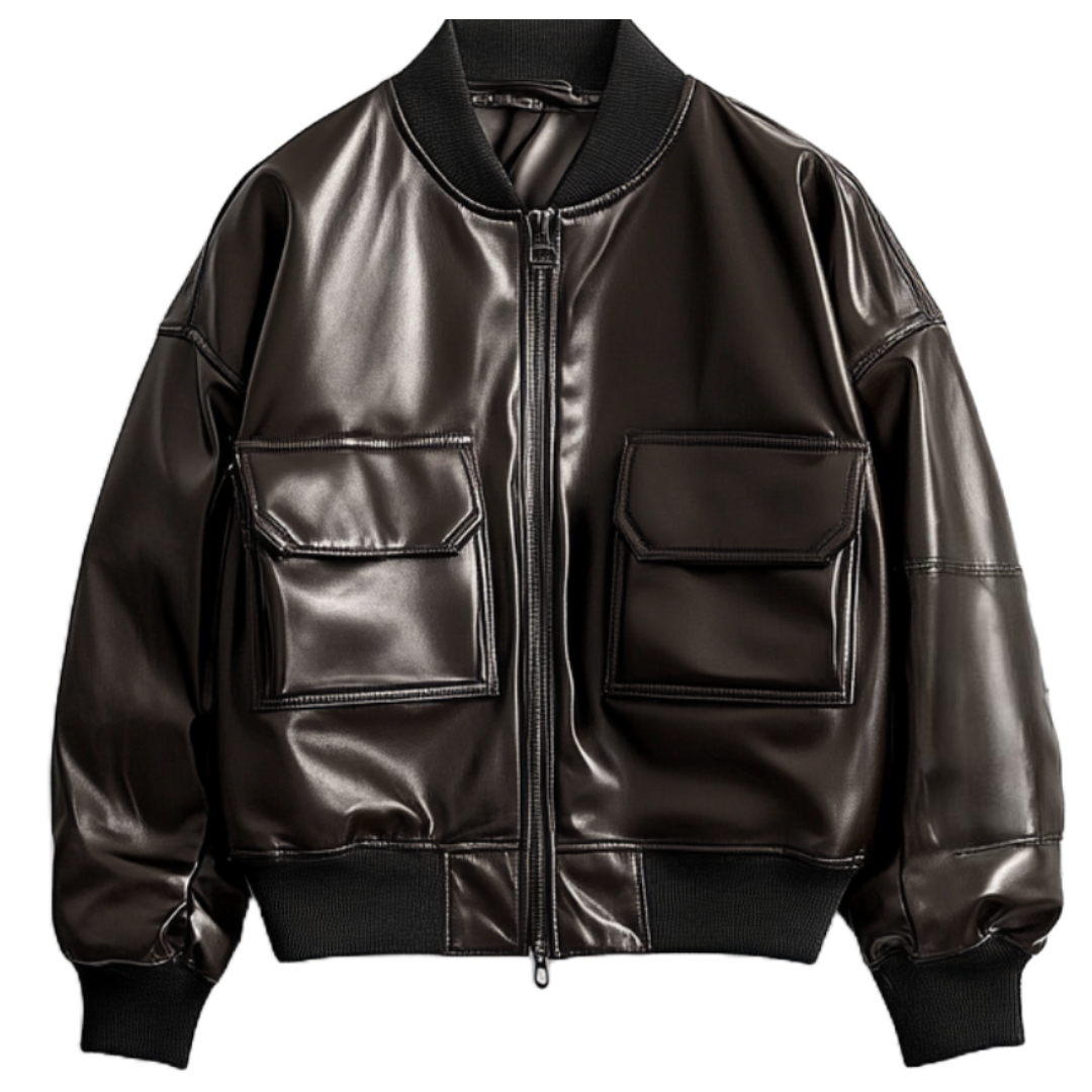 Women's Real Leather Bomber Jacket – Glossy Black with Dual Front Pockets