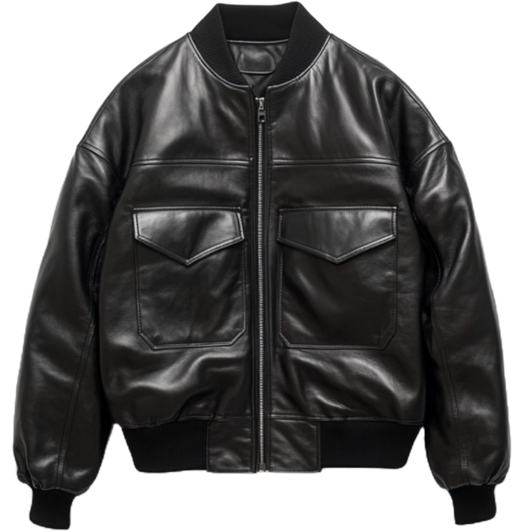 Women's Classic Black Leather Bomber Jacket