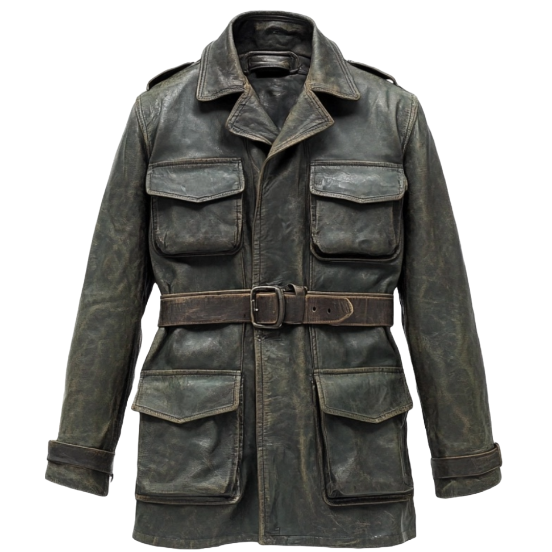 Men's Vintage Green Leather Field Jacket with Belted Waist