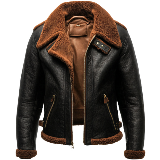 Women's Shearling-Lined Black Real Leather Aviator Jacket