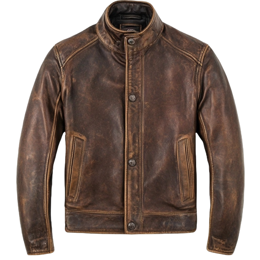 Men's Antique Brown High-Neck Moto Leather Jacket