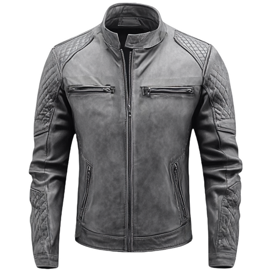 Vintage Gray Leather Biker Jacket for Men