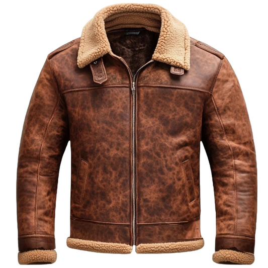 Vintage Brown Shearling Collar Leather Jacket for Men