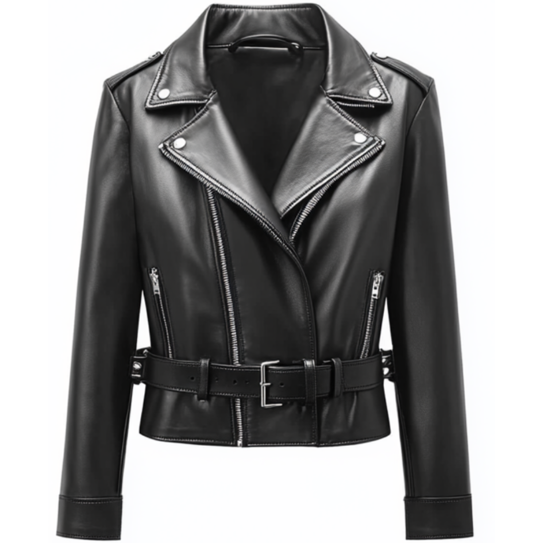 Women's Classic Black Leather Biker Jacket - Real Leather with Belted Waist