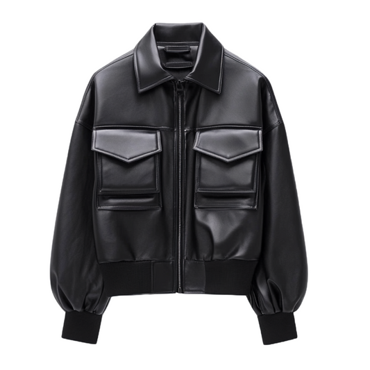 Women's Real Leather Oversized Bomber Jacket with Utility Pockets