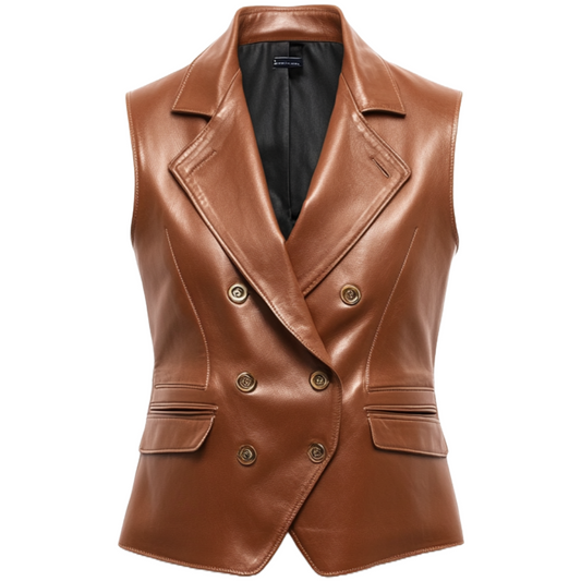 Elegant Women’s Brown Leather Double-Breasted Vest