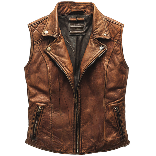 Vintage Women's Distressed Brown Leather Vest with Quilted Back Design