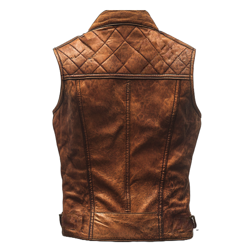 Vintage Women's Distressed Brown Leather Vest with Quilted Back Design