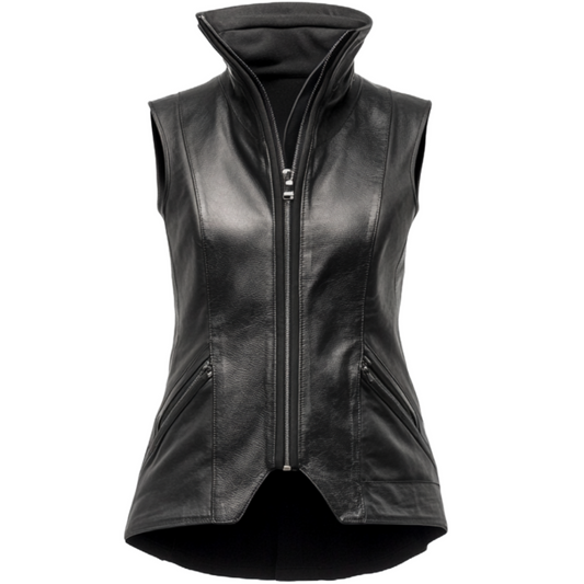 Sleek Women's Genuine Leather Vest with High Collar