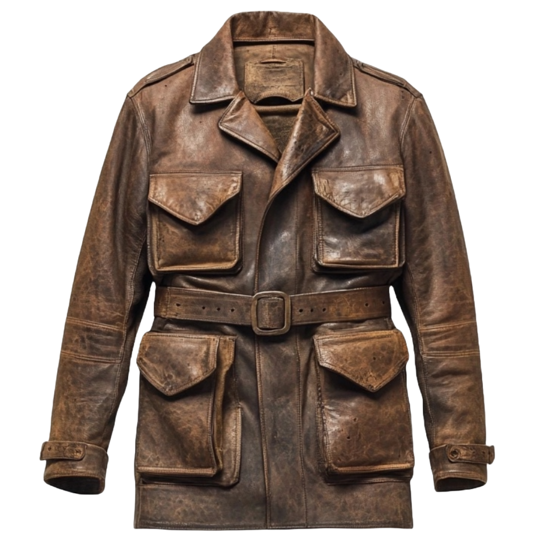 Men’s Vintage Brown Distressed Leather Field Jacket with Belt