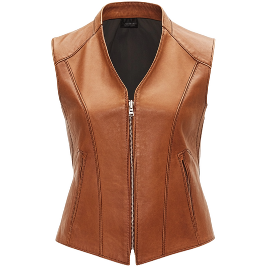 Stylish Women's Tan Leather Vest with Zipper Closure