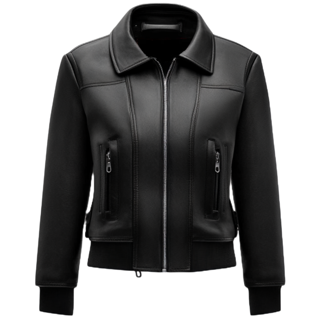 Elegant Women's Genuine Leather Jacket with Zip Pockets