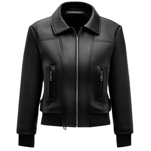 Elegant Women's Genuine Leather Jacket with Zip Pockets