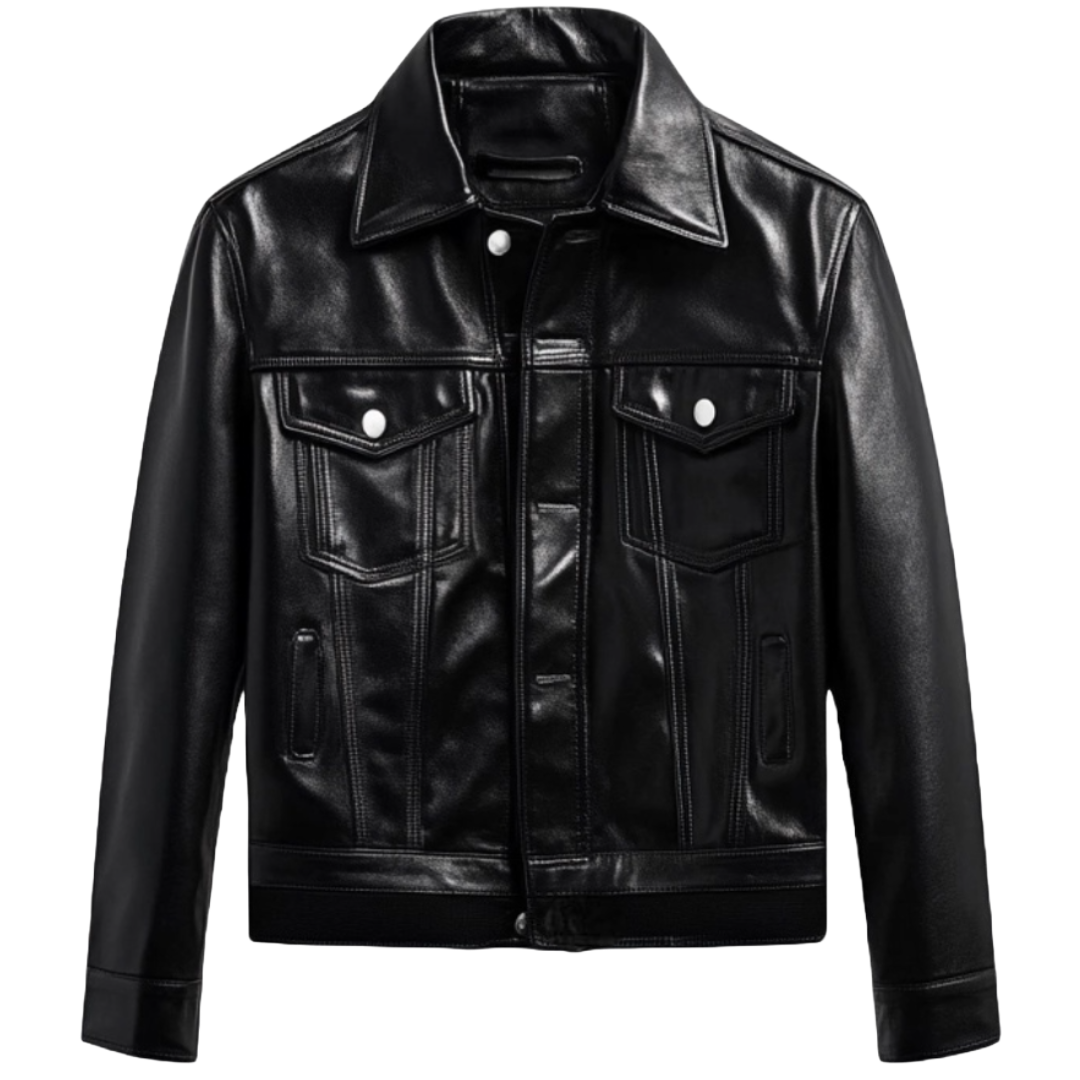 Men's Black Leather Trucker Jacket