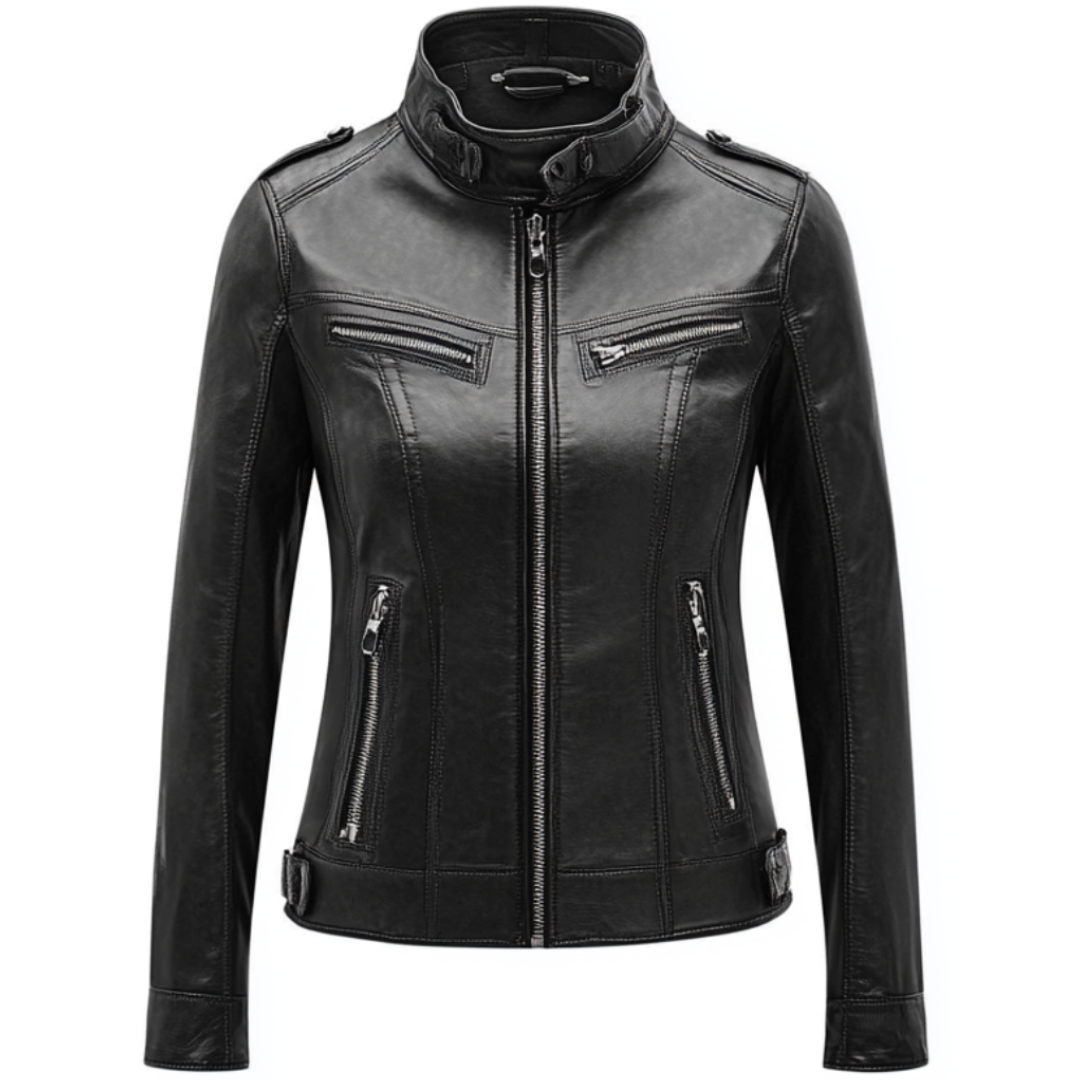 Women's Black Genuine Leather Moto Jacket with Sleek Detailing