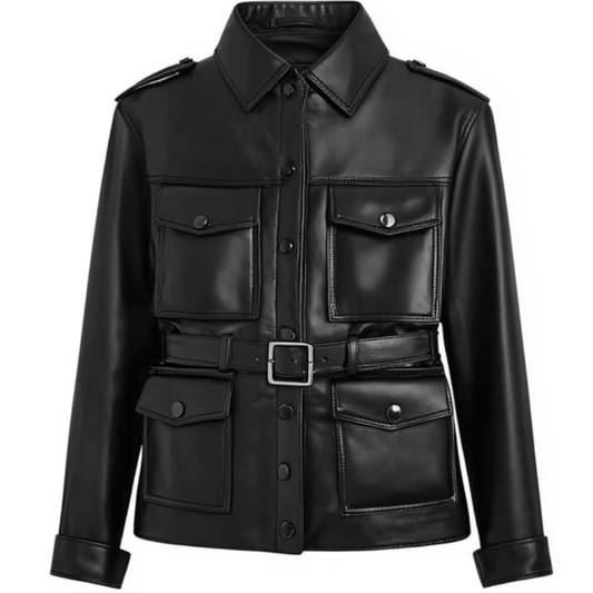 Women's Genuine Leather Belted Utility Jacket - Stylish Military Look