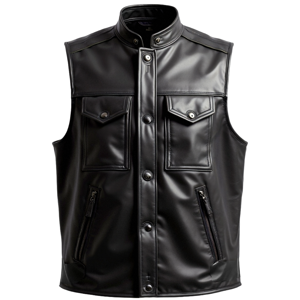 Men's Classic Black Leather Vest with Multi-Pocket Design