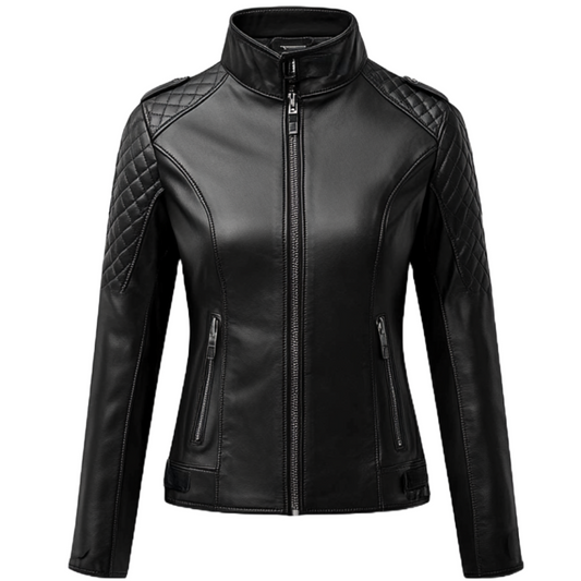 Women's Real Leather Quilted Biker Jacket - Sleek Black