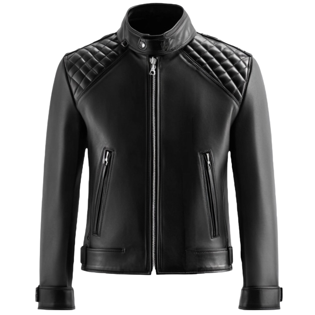 Men's Black Quilted Shoulder Moto Leather Jacket