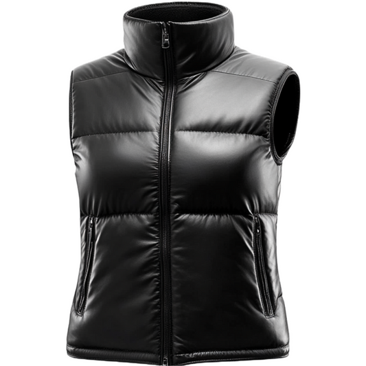 Women's Real Leather Puffer Vest - Sleek Black Insulated Design